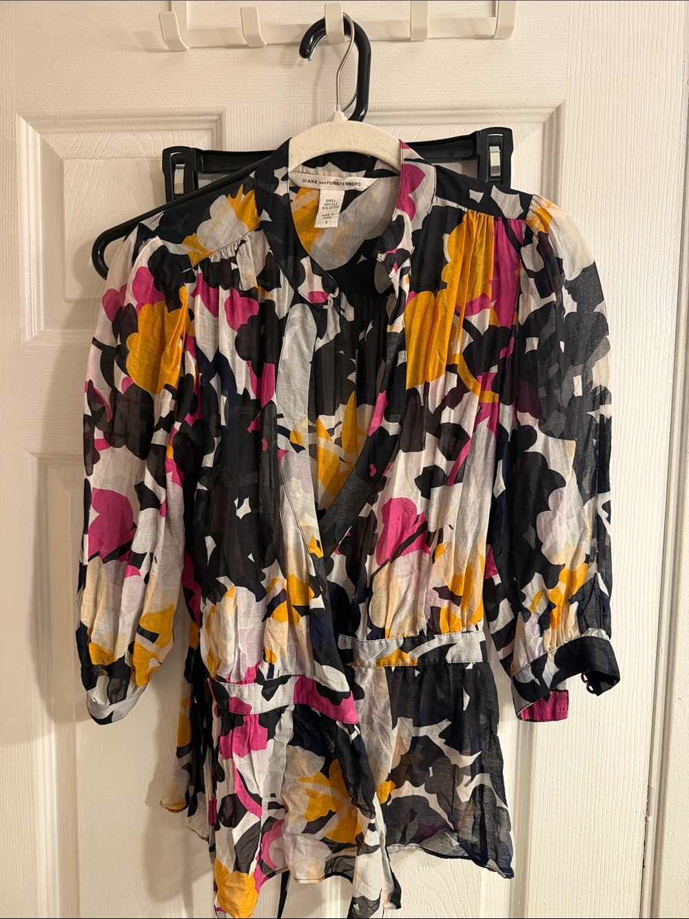 Diane Von Furstenberg Black Floral V-Neck blouse with Pink & Yellow Accents